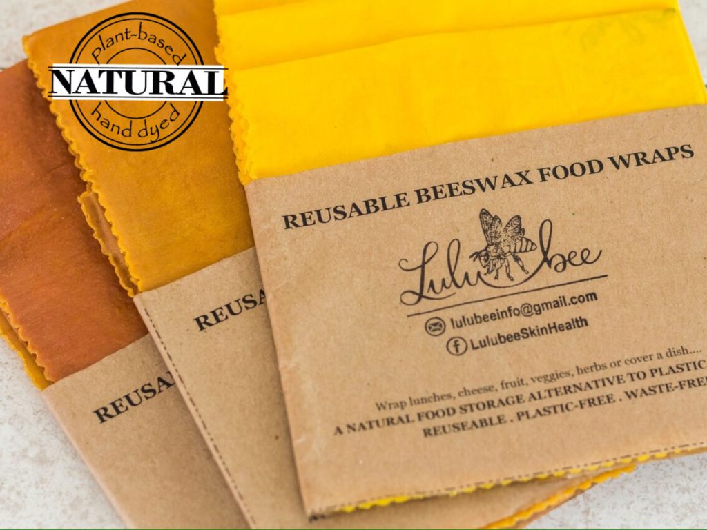 Three colour variables of reusable food wraps all dyed with different natural dyes