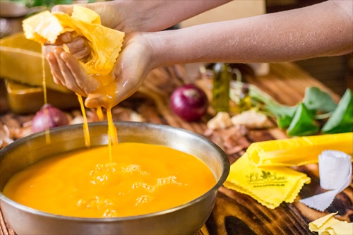 Hands squeezing out cotton fabric, dyed with turmeric 